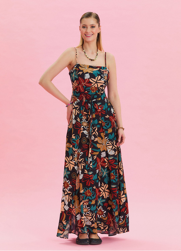 Thin Strap Waist Tie Petrol Floral Dress 4550